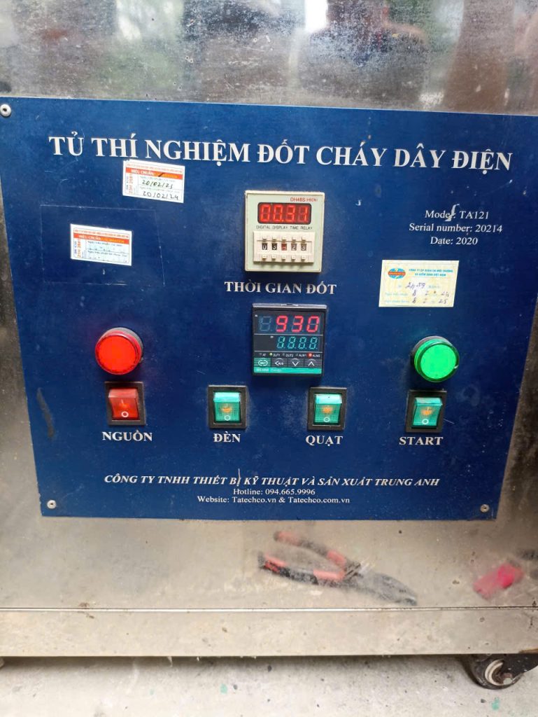 Thử nghiệm đốt cháy dây điện bằng buống đốt chuyên dụng